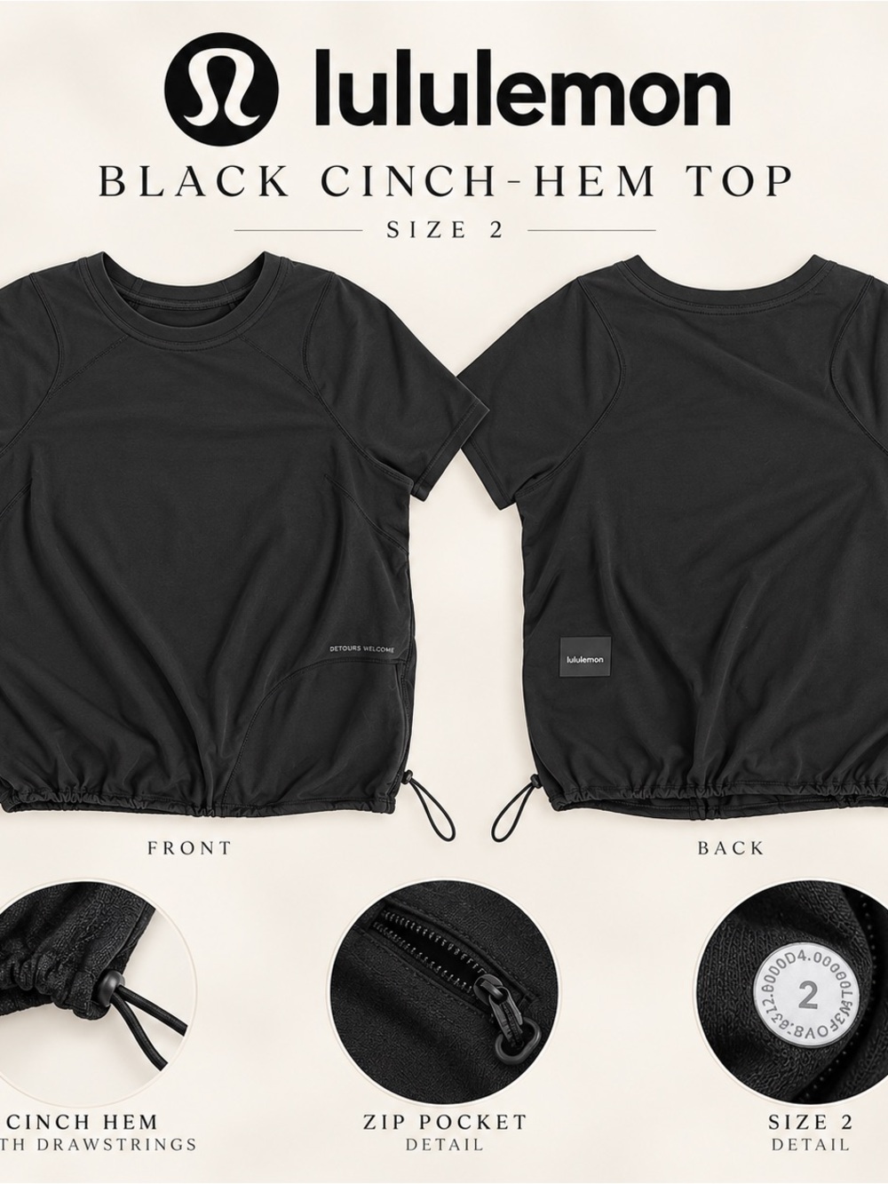 lululemon athletica Black Cinch-Hem Top - Women's Active Tee